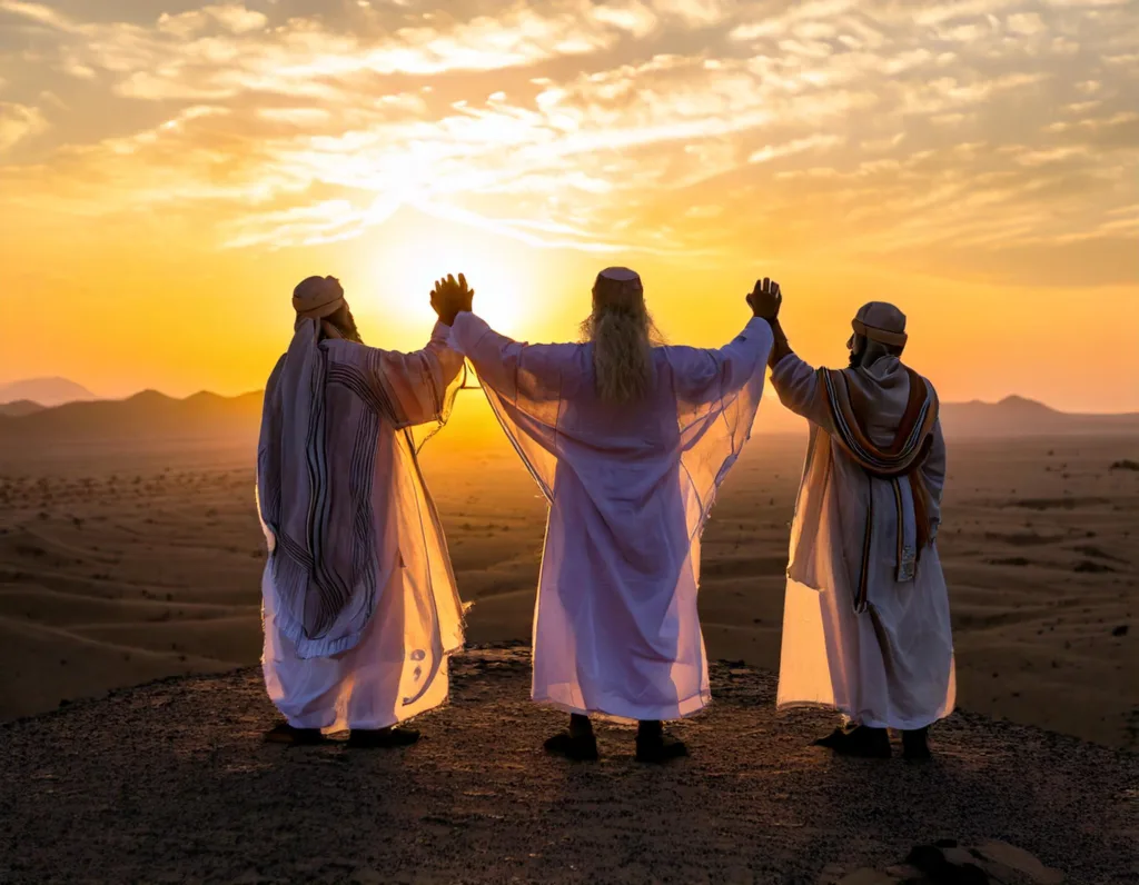 An exhausted Moses, Aaron and Hur in Prayer