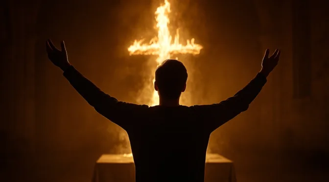 Believer standing before the altar, consumed by the Holy Fire of God in a moment of deep worship and surrender