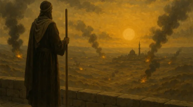 Prophetic watchman overlooking the Middle East during a time of war, representing God’s voice in the chaos
