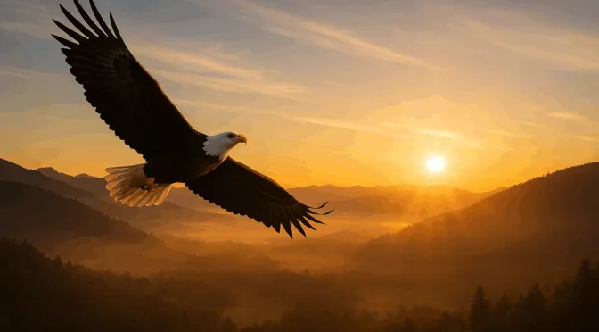 A soaring eagle rising toward the sun over a quiet mountain valley, symbolizing renewed strength through waiting on God.