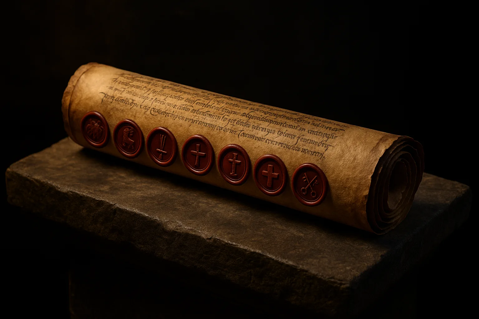 Ancient rolled scroll on a stone pedestal, sealed with seven red wax seals featuring distinct biblical symbols, under dramatic lighting.