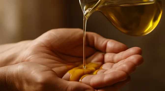 Fragrance of the Anointing shown through golden olive oil being poured into open hands, symbolizing the Holy Spirit’s presence and surrender to God.