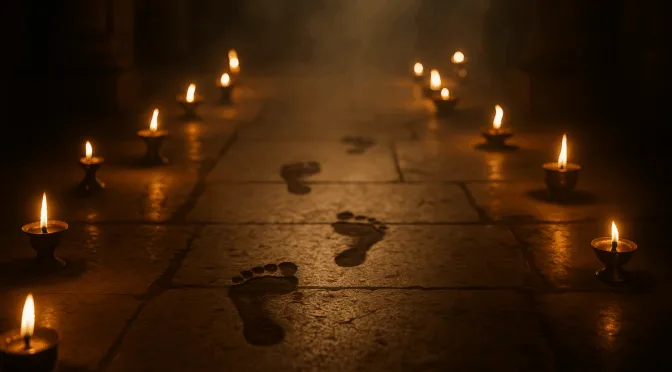 Footprints among the lampstands—He walks still.