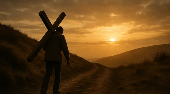 A solitary figure carries a wooden cross uphill at sunrise, symbolizing the call to take up your cross and follow Jesus.