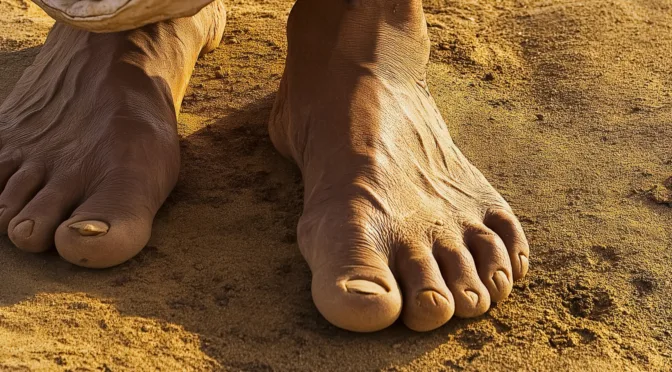 Bare feet walking on dry soil, symbolizing absolute surrender to Yeshua