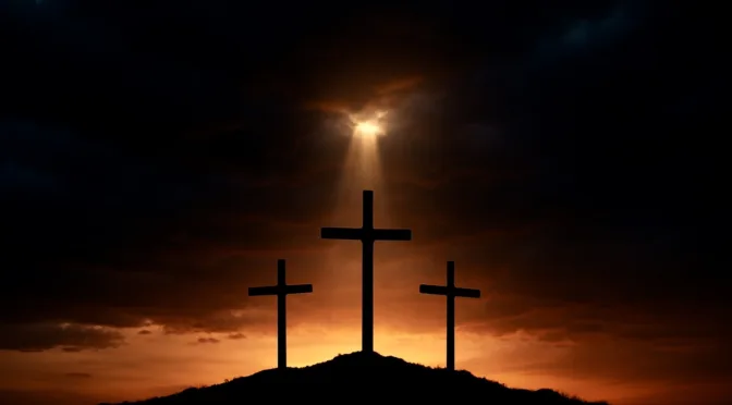 Silhouette of three crosses on a hill at sunset with dark storm clouds and a beam of light breaking through the sky above the central cross.