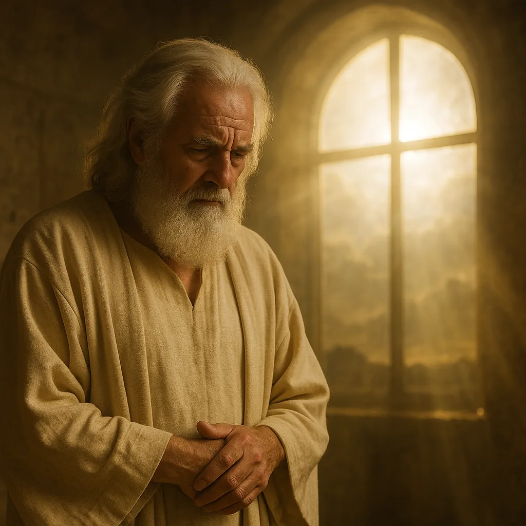 Elderly man with long white hair and beard stands solemnly in a sunlit stone room, with a cross-shaped window glowing behind him.