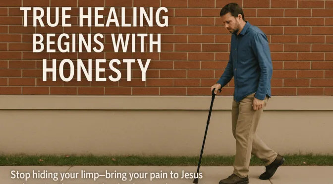 A man in casual clothes walks with a cane along a sidewalk beside a brick wall, illustrating the message “True Healing Begins with Honesty” in bold text above.