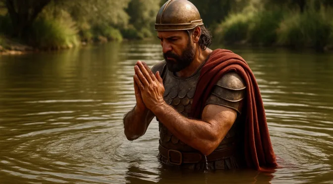 A bearded man in bronze armor with a red cloak stands waist-deep in the Jordan River, hands clasped in prayer, surrounded by lush greenery in soft sunlight.