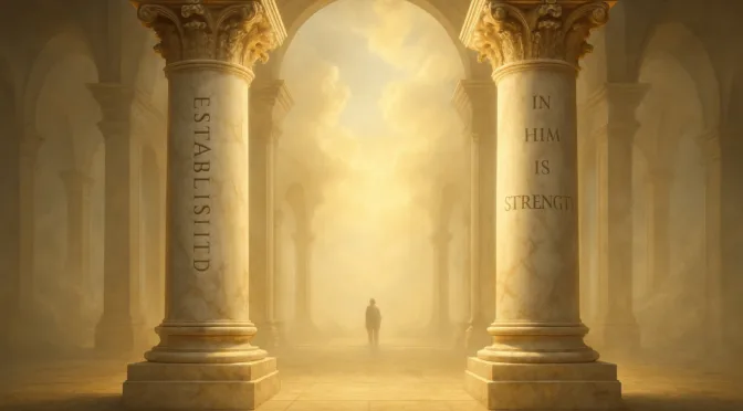 Two radiant marble pillars in a heavenly temple, symbolizing the overcomer’s eternal reward to be established in God’s presence as a pillar in His temple.