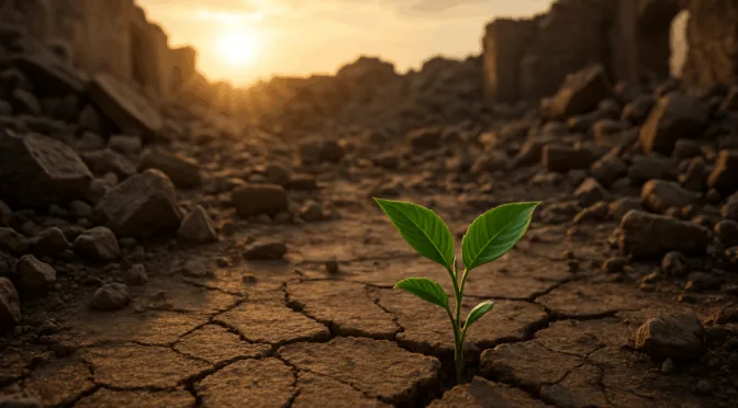 A small green plant growing from cracked, dry earth surrounded by rubble and ruins, with golden sunlight breaking through in the background.