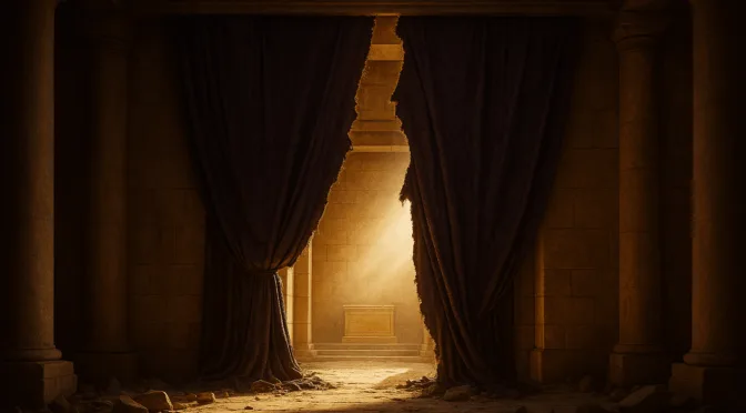 A torn temple veil from the first century, split down the center, revealing sunlight pouring into the Holy of Holies behind stone columns and scattered debris.